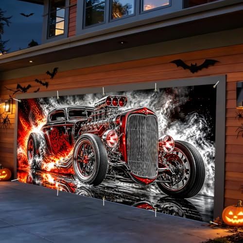 Vintage Hot Rod Garage Door Banner 7x16ft, Heavy Metal Muscle Car Outdoor Decoration, Flaming Skull Racing Car Double Garage Door Cover Tapestry Mural for House Front Man Cave Decor Accent - Image 6