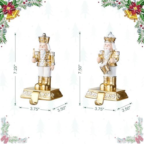 Glitzhome Nutcracker Christmas Stocking Holders, Set of 2 Gold and White Polyresin Mantel Hooks for Fireplace, Holiday Decor with Non-Slip Base - Image 3