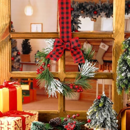 Crowye 12 Pcs Small Mini Christmas Cabinets Wreaths for Kitchen with Ribbon 10'' Hanging Artificial Green Leaves Decor Berry for Window Front Door Kitchen Wall Decor (Red and Black) - Image 3