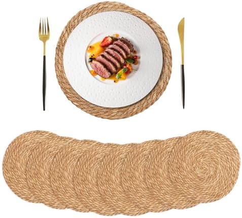 Round Woven Placemats Set of 8, 12 Inch Boho Farmhouse Rattan Placemats Rustic Braided Wicker Table Place Mats Chargers for Dinner Plates by LynnersonHome