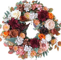 Fall Flower Wreath for Front Door with Burgundy Dahlias, Orange Roses Hydrangeas and Green Leaves, 22 inche Autumn Wreath for Home Indoor and Outdoor, Fall Harvest Thanksgiving Decoration by idyllic