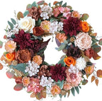 Fall Flower Wreath for Front Door with Burgundy Dahlias, Orange Roses Hydrangeas and Green Leaves, 22 inche Autumn Wreath for Home Indoor and Outdoor, Fall Harvest Thanksgiving Decoration by idyllic