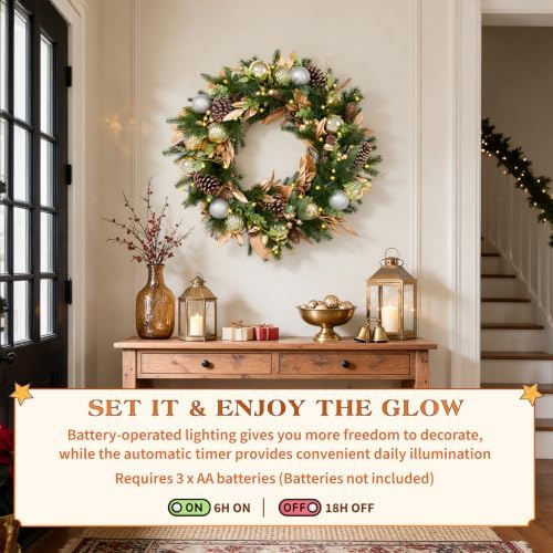Hykolity 28 Inch Pre-Lit Botanical Christmas Wreath, Battery Operated Lighted Wreath with 50 Warm White LEDs, Timer, Gold Silver Ornaments, Pinecones and Decorative Leaves for Front Door - Image 4