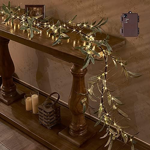 Hairui Lighted Artificial Olive Garland 6FT 96 LED Fairy Lights Battery Operated, Faux Vine Lights with Timer for Spring Christmas Holiday Fireplace Decor by Hairui