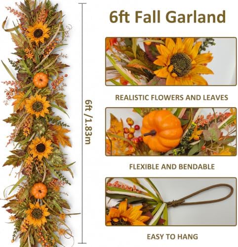 6 Ft Fall Garland for Mantle, Pumpkins Artificial Autumn Garland Decor - Image 3