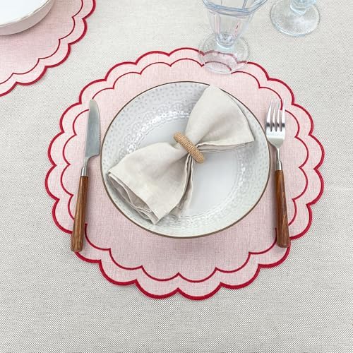 Linen Cotton Placemats Set of 4 Scalloped Flower Embroidery Place Mats 15'' Natural Linen Texture Fabric Machine Washable Table Mats for Restaurant Kitchen,Table Decor(Powder Pink) - Image 4