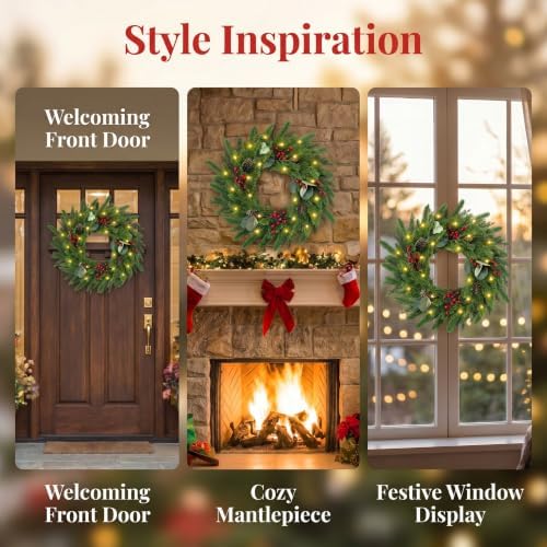24 Inch Christmas Wreath for Front Door Artificial Wreath with Lights Red - Image 7