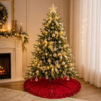 Red Velvet Christmas Tree Skirt with Ruffled Edge and Faux Pearl, 60 Inches Rustic Vintage Xmas Tree Skirt for Party Decorations - Image 4