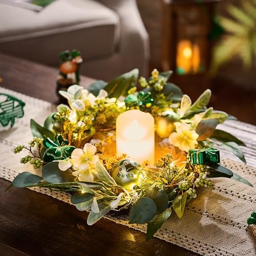 Valery Madelyn St. Patrick's Day Wreath for Front Door with Lights, Artificial Spring Eucalyptus Wreath with Shamrock Clover Ornaments, Prefect Gift and Decoration for Irish Festival Home Party-18'' - Image 3