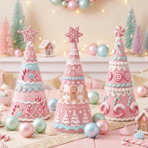 Simgoing 3 Pcs Pink Gingerbread Christmas Tree Figurines Pastel Table Decor by Simgoing