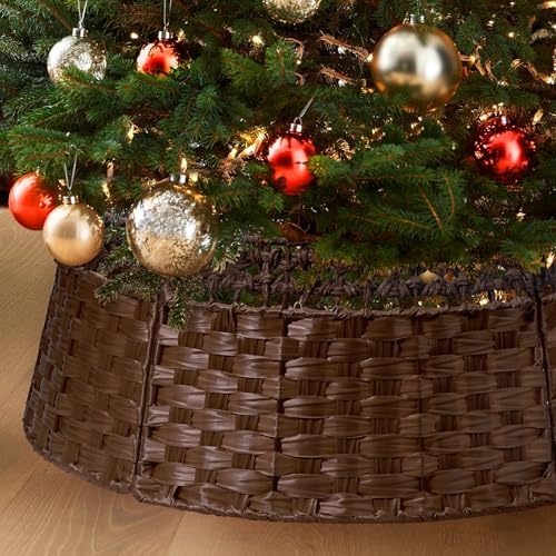 26in Christmas Tree Collar, Natural Woven Rustic & Farmhouse Holiday Decoration, 5-Piece Rattan Tree Skirt Ring Accessory for Xmas Artificial Trees(Brown) by BINSUNS