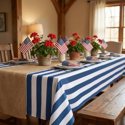 Fanqisi 2 Packs Navy Blue and White Striped Tablecloth 57 x 84 Inch Waterproof Patriotic Table Cloth Rectangle Table Cover for Birthday Baby Shower Wedding Outdoor Summer Party Decoration - Image 6