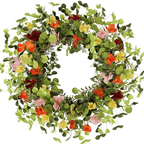 24 Inch Spring Wreath for Front Door, Summer Wildflower Wreath with Colorful Flowers & Eucalyptus, Artificial Year Round for Farmhouse Home Decor Indoor Outdoor by Pudate