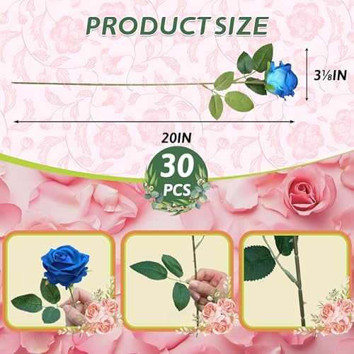 30 PCS Fake Blue Roses, Artificial Flowers Bulk, Realistic Silk Faux Roses - Image 2