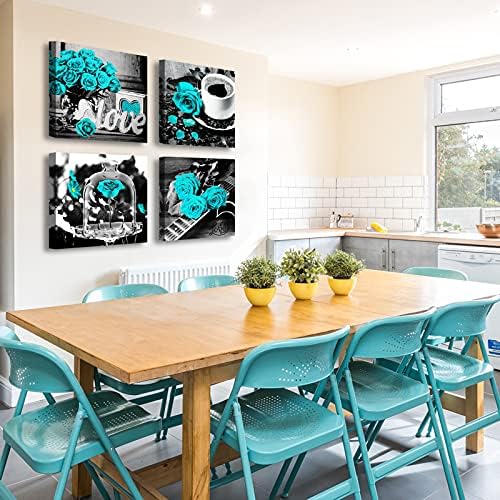 DJSYLIFE Teal Rose Canvas Wall Art Set of 4 for Bedroom, 12x12 Inch - Image 2