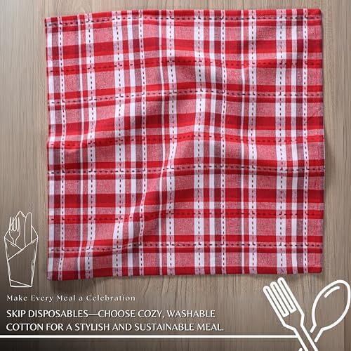 Ramanta Home Plaid Overstitch Christmas Cloth Napkins Set of 12 - Red - Image 5