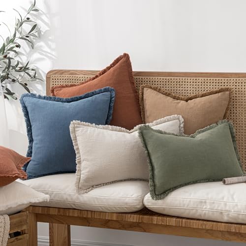 MIULEE Boho Linen Fringe Decorative Throw Pillow Covers Blue Ashes 20x20 - Image 2