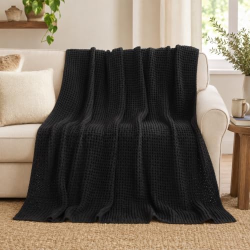 Waffle Knit Throw Blanket, Black Chenille Throw Blanket for Couch 50"x60" - Image 3