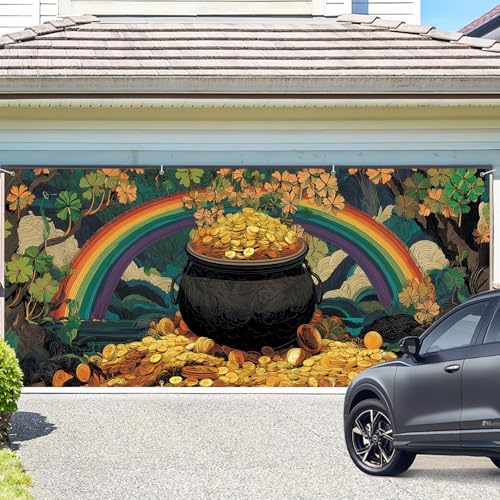 ANNA QUEEN St Patrick’s Day Garage Door Banner 6x13FT, Rainbow and Pot of Gold Garage Door Cover, Large Outdoor Irish Shamrock Decoration Backdrop for Double Garage Doors, Garden Fence & Party Photo Booth - Image 2