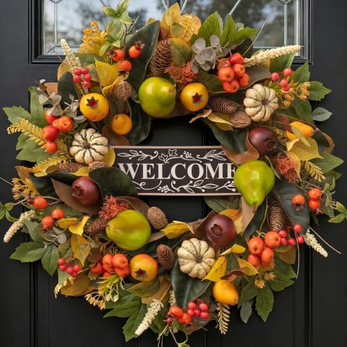 24 Inch Fall Wreaths for Front Door, Autumn Harvest Wreath with Pears by wreathqueen