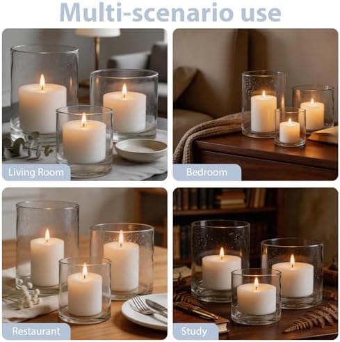 Set of 3 Hand Blown Glass Hurricane Candle Holders, Clear Seeded Bubbles Cylinder Pillar Candle Vases in 5/7/8 Inch, Farmhouse Table Centerpieces for Living Dining Kitchen Island - Image 5