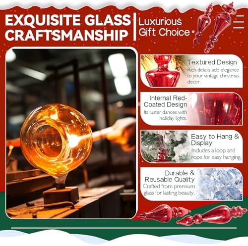 Mercury Glass Christmas Ornaments, Vintage Finial Decorations, Red, 6-Pc - Image 4