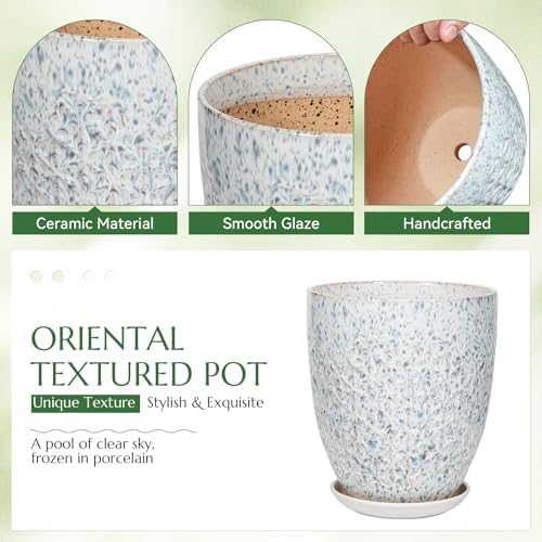 11.8 Inch Flower Pots for Indoor Plants,Ceramic Planter with Saucer Drainage Leak-Proof Mesh Gardening Gloves (Spotted Blue) - Image 3