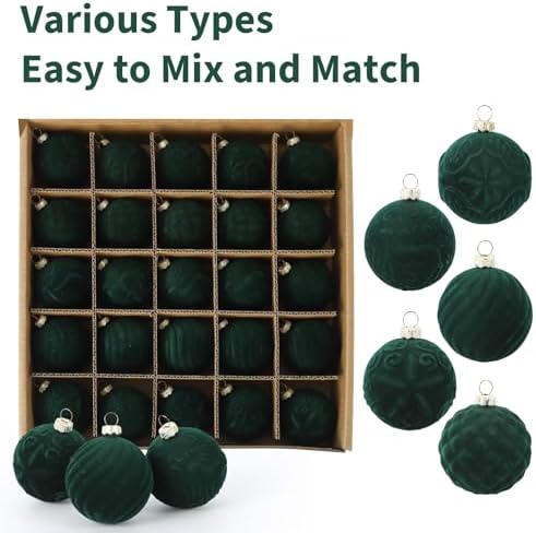Garvee 25 Pcs Christmas Ball Ornaments, 2.36 in Green Velvet Flocked Xmas Holiday Ball Set, Shatterproof & Lightweight Plastic Christmas Decorations for Trees Parties - Image 4