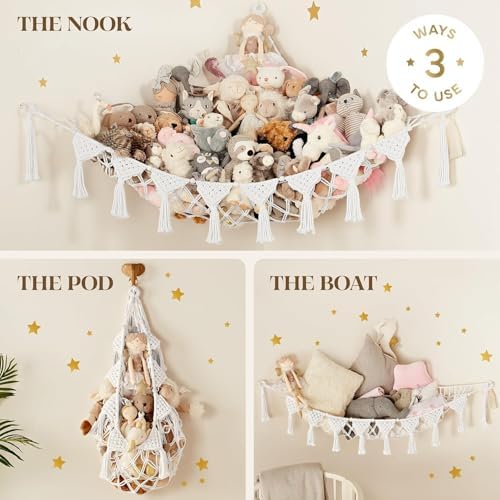 TIDYTEDS XL Stuffed Animal Hammock – Handcrafted Corner Net, 4mm Double Macrame Cord, 100% Natural Cotton Plushie Holder with LED Light (Pure White) - Image 4