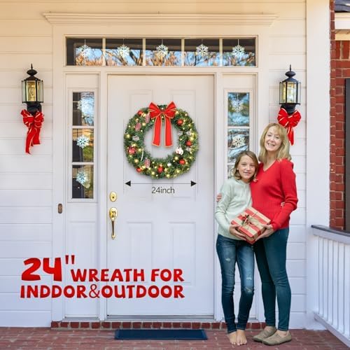 VINGLI 24 Inch Christmas Wreath Prelit Front Door Battery LED Decor Green - Image 7