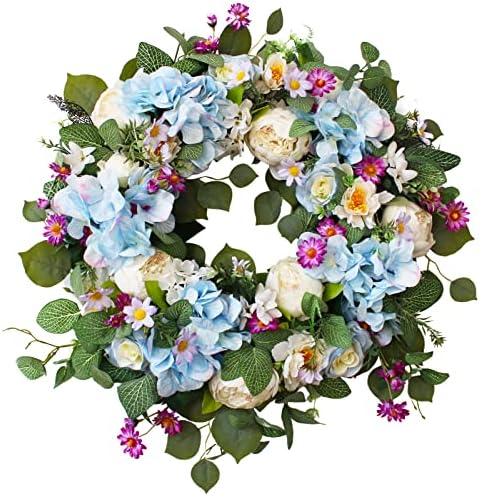 24" Spring Summer Wreaths for Front Door,Spring Summer Door Wreaths,Large Blue Hydrangea Wreaths for Outdoor Porch Farmhouse Home Decor by Ecerangus