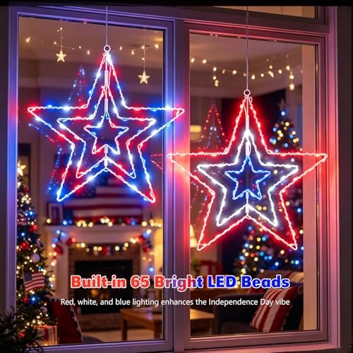 2 Pcs 4th of July Window Decorations Lights, 13.8In Red White and Blue Lights Patriotic Star Light Battery Operated with Timer & 8 Modes 4th of July Decorations Indoor for Home Porch - Image 4