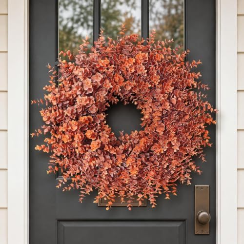 26" Artificial Fall Eucalyptus Wreath for Front Door Decoration (Orange) - Image 2