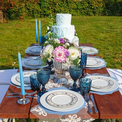 Set of 8 Cotton Linen Placemats, 15x15 Round Scalloped Cloth Table Mats, Embroidery Machine Washable, Wrinkle Resistance Fabric Place Mats for Wedding Summer Baby Shower Party Table Decor-Blue - Image 6