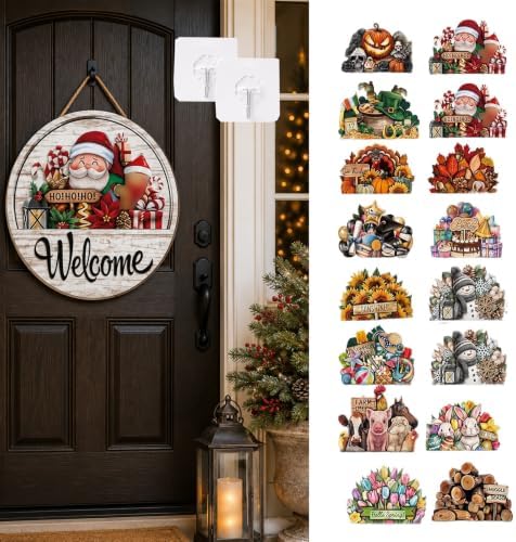 Interchangeable Welcome Sign for Front Door, 12" Wood Seasonal Door Decor by Unknown