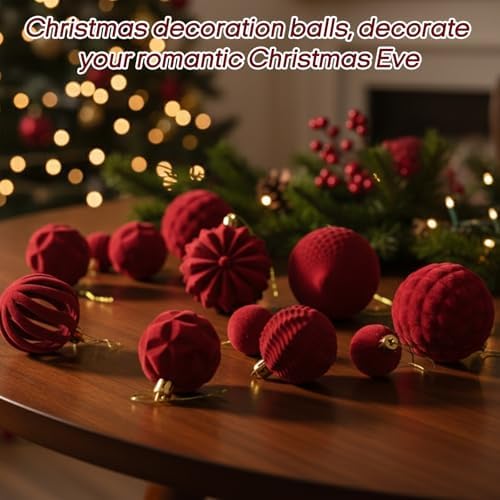 48 Pcs Velvet Christmas Ball Ornaments,Flocked Christmas Tree Decorations,Xmas Tree Decor,Hanging Balls Ornaments with Loop,Decoration for Xmas,Holiday,Wedding,Home Decor,Multi-Shape (Burgundy) - Image 3