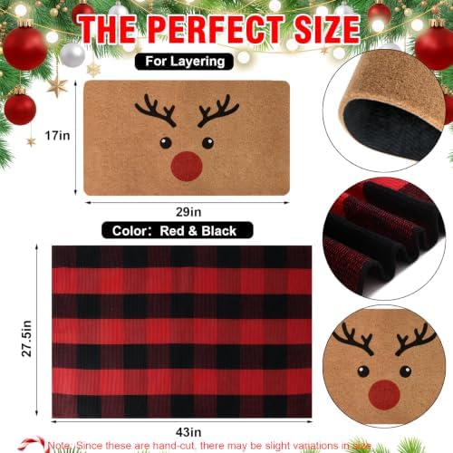2-Piece Christmas Door Mat Set, Coir Front Door Mat & Red Black Plaid Mat - Image 2