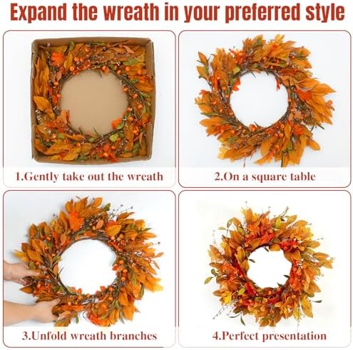 Betylifoy Fall Wreath for Front Door 22'' Artificial Autumn Pumpkin Wreaths - Image 6