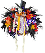 HipTree 28 Inch Halloween Skeleton Wreath for Front Door with Lights by HipTree