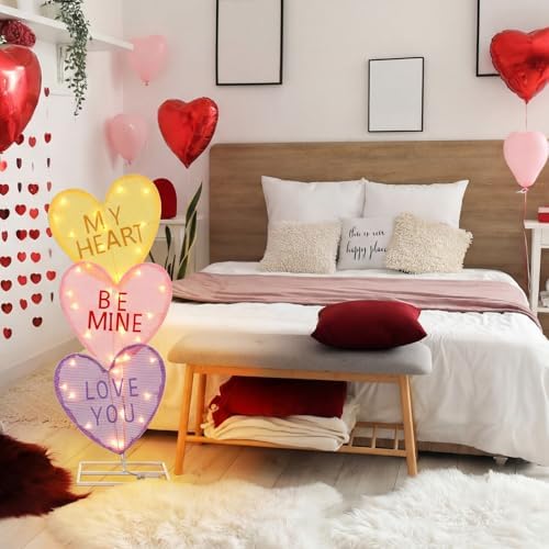 VIHOSE Valentine's Day Heart Lights 41 Inch H Pre-lit Lighted Heart Decor with 50 Warm White Lights Valentine's Day Conversation Candy Hearts Decoration for Indoor Outdoor Porch Garden Lawn (Vivid) - Image 3