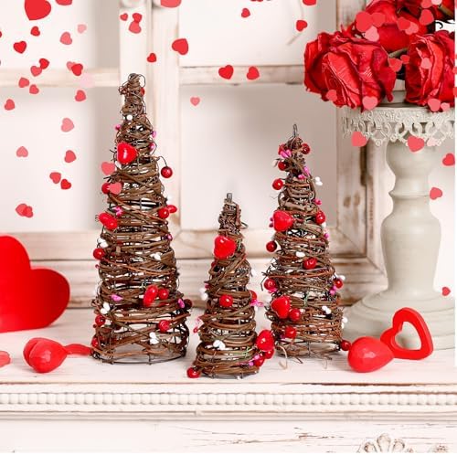 DoubleFill 3 Pcs Valentine's Day Table Rattan Trees-Valentine's Table Rattan Trees with Berries, Red Pink White Heart Centerpieces Decorations for Wedding Anniversary Party, Romantic Home Decor - Image 4