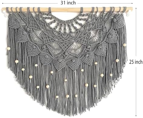 Youngeast Large Macrame Wall Hanging Boho Beaded Curtain for Window Macrame Bedroom Headboard Living Room Wall Art Tassel Tapestry Bohemian Woven Wall Decor 31" W X 25" H (Grey) - Image 2