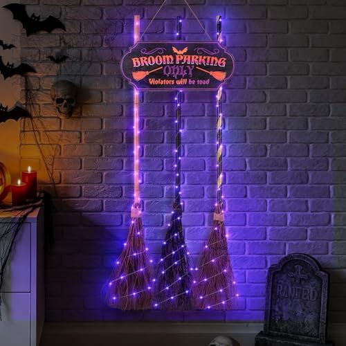 Halloween Broom Parking Sign with 3 Witch Brooms, Purple Lights by Iheqard