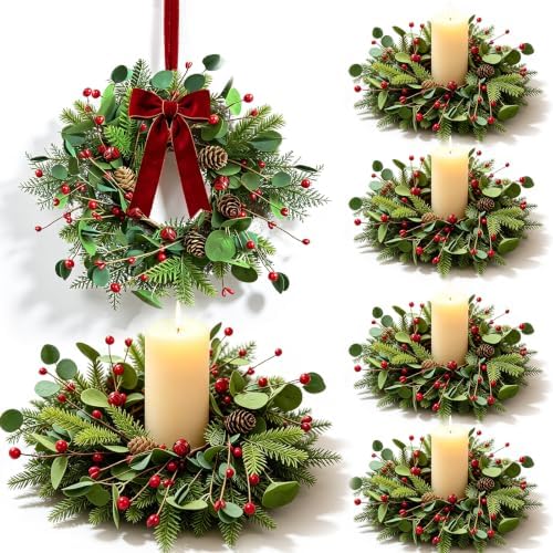 6 Pcs Small 4th of July Candle Ring Wreath with Red Blue White Daisy Artificial Hydrangea Flowers Mini Independence Day Candle Holder Wreath (6, Greenery with Red Bells Pinecones) by Unknown