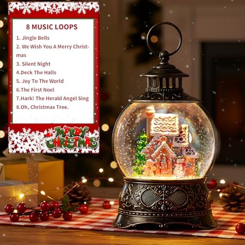 Christmas Snow Globe Lighted Gingerbread House Scene, Musical Snow Water Lantern Swirling Glittering Home Decoration and Gift, Battery Operated or USB Powered - Image 4