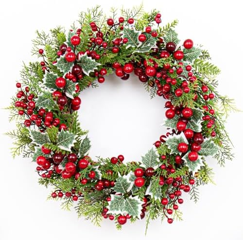 LLZLL Christmas Wreath for Front Door 20 Inch Indoor Christmas Wreaths Artificial Red Berry Wreath with Norfolk Pine and Holly Leaf for Holiday Celebrations by LLZLL