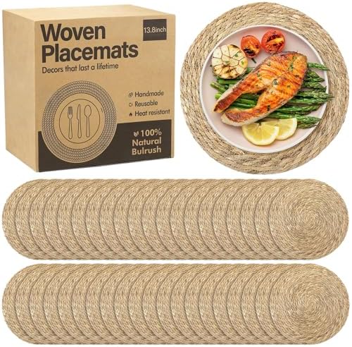 Elcoho 40 Pieces Round Woven Placemats 13.8 Inch Boho Rattan Placemats Farmhouse Braided Place Mats Woven Plate Chargers Rustic Wicker Table Mats for Dining Table by Elcoho