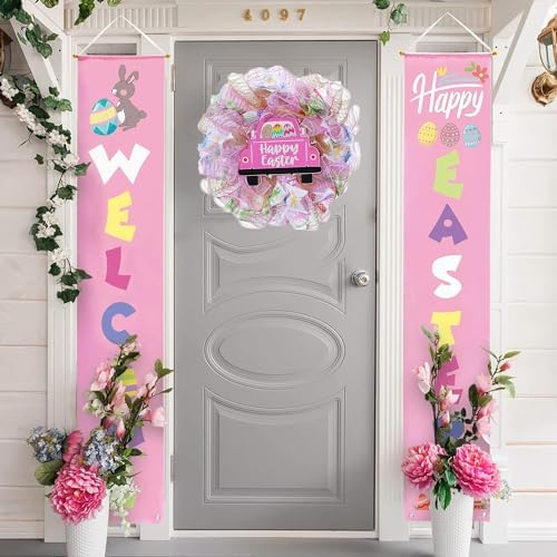 Easter Wreaths for Front Door with Lights,Easter Door Wreath,Easter Mesh Wreath,Bunny Spring Colorful Easter Decorations Holiday Ornament for Home Indoor Outdoor Supplies (Pink Car) - Image 4