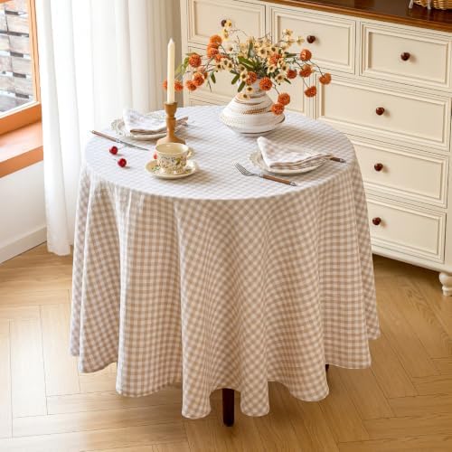 Linen World Linen Plaid Gingham 90inch Round Tablecloth, Soft Washed 100% French Flax Linen Table Cover for Dining Table, Farmhouse Kitchen Decor,Natural Plaid - Image 3