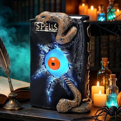 Halloween Spellbook Statue with LED Eyeball 8.3" Resin Spooky Table Decor by USJOK